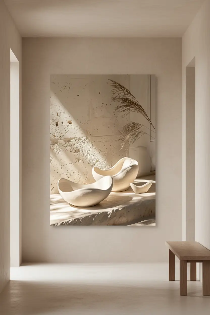Les Céramiques Sculptées — Affiche murale minimaliste ivoire minéral, affiche murale minimaliste avec cadre bois, décoration murale salon ou chambre, style méditerranéen