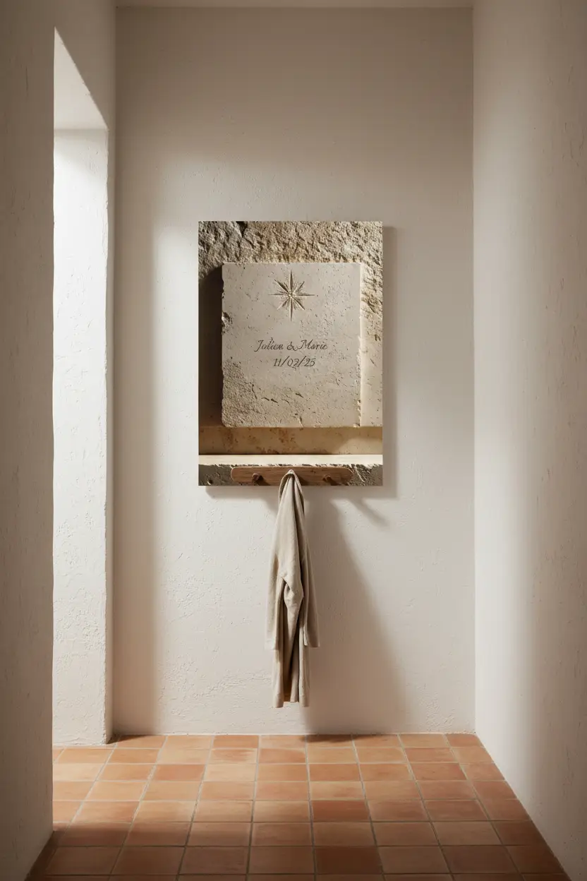 L'Étoile Gravée — Affiche murale personnalisable pierre méditerranéenne, affiche murale minimaliste avec cadre bois, décoration murale salon ou chambre, style méditerranéen