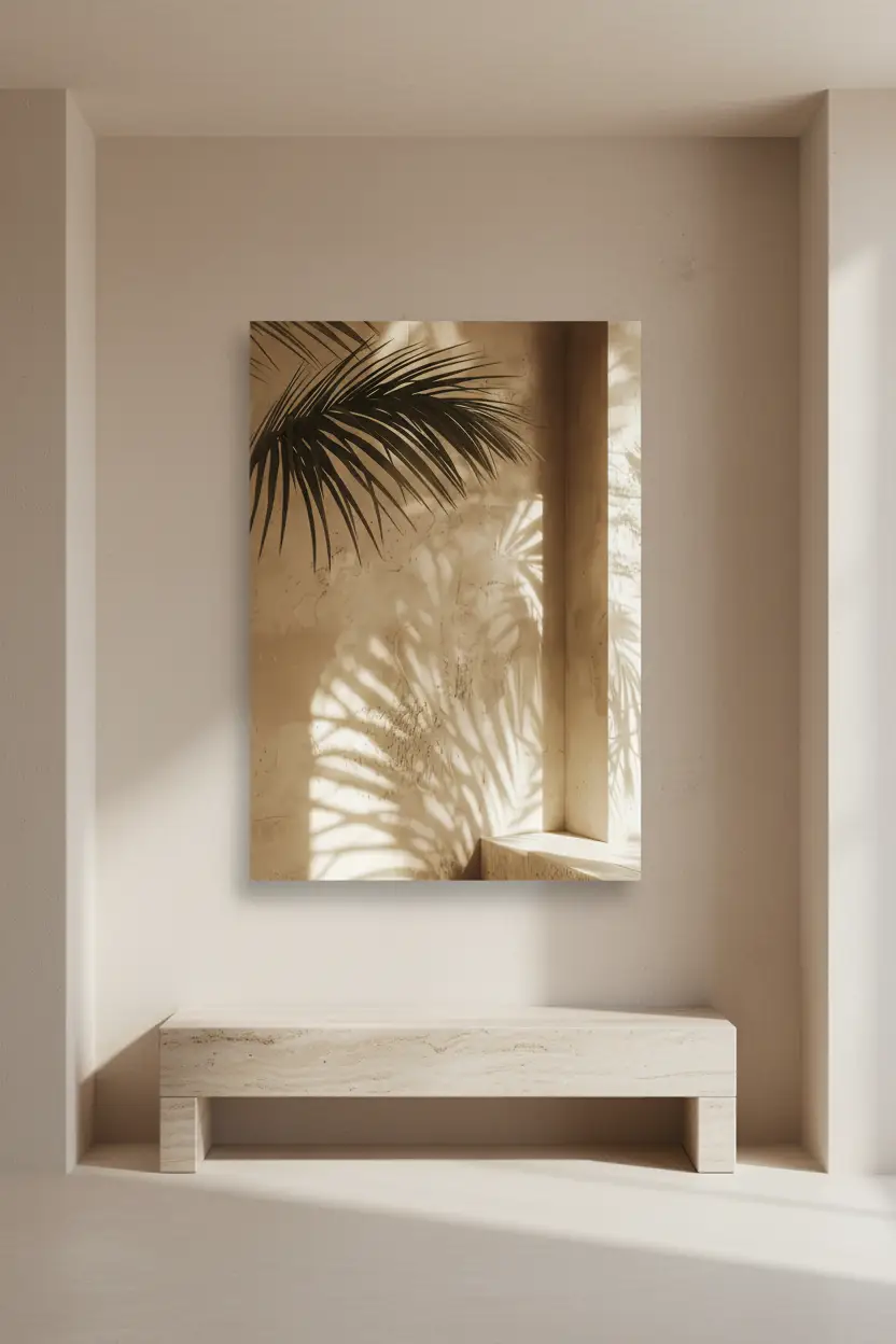 L'Ombre du Palmier — Affiche murale minimaliste sable végétal, affiche murale minimaliste avec cadre bois, décoration murale salon ou chambre, style méditerranéen