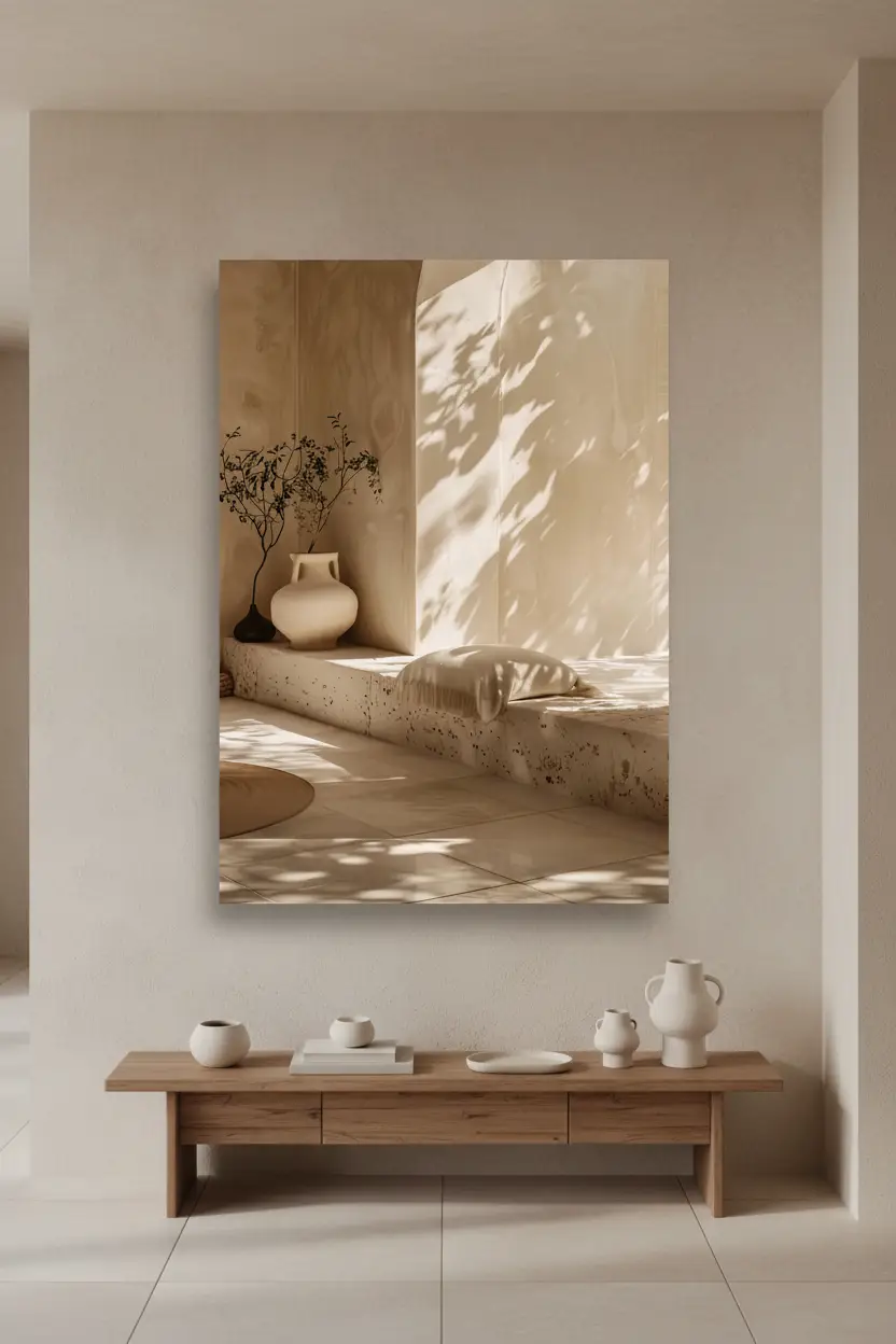 L'Angle à l'Olivier — Affiche murale minimaliste sable végétal, affiche murale minimaliste avec cadre bois, décoration murale salon ou chambre, style méditerranéen