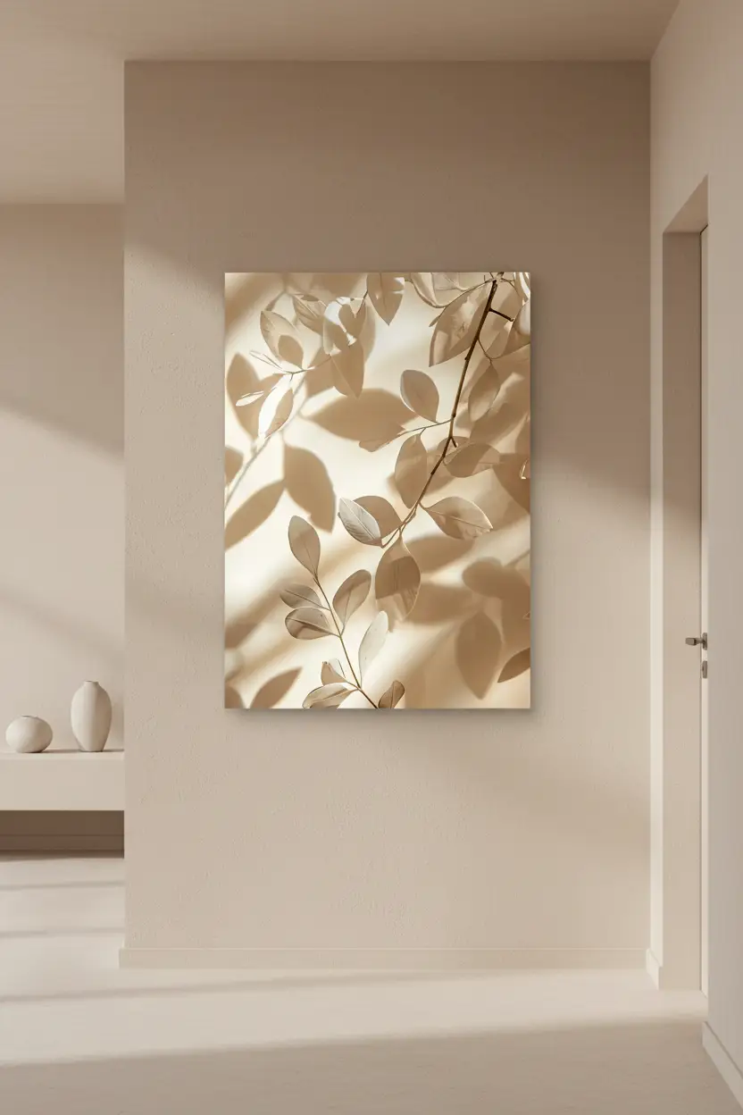 Les Feuilles et leurs Ombres — Affiche murale minimaliste ivoire végétal, affiche murale minimaliste avec cadre bois, décoration murale salon ou chambre, style méditerranéen