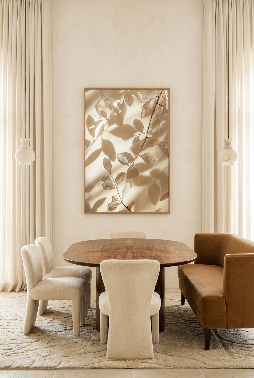 Les Feuilles et leurs Ombres — poster in eikenhouten lijst in een eetkamer