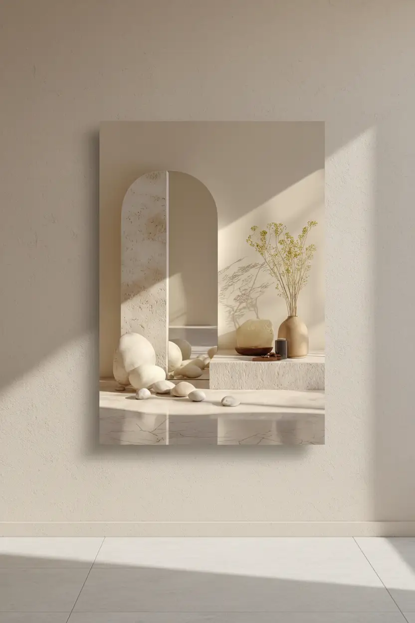 L'Arche et les Galets — Affiche murale minimaliste ivoire architecture, affiche murale minimaliste avec cadre bois, décoration murale salon ou chambre, style méditerranéen