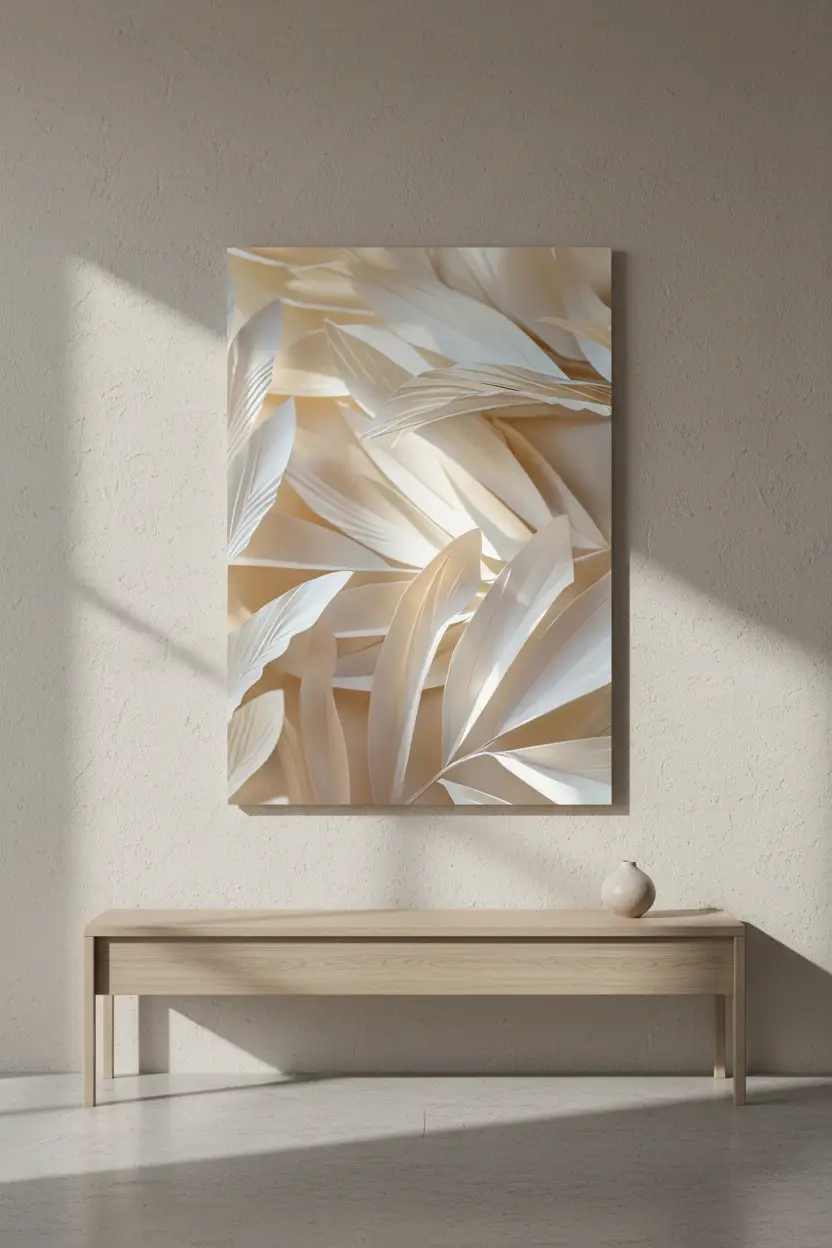L’Envol Ivoire — Affiche murale minimaliste ivoire blanc végétal aérien, affiche murale minimaliste avec cadre bois, décoration murale salon ou chambre, style méditerranéen