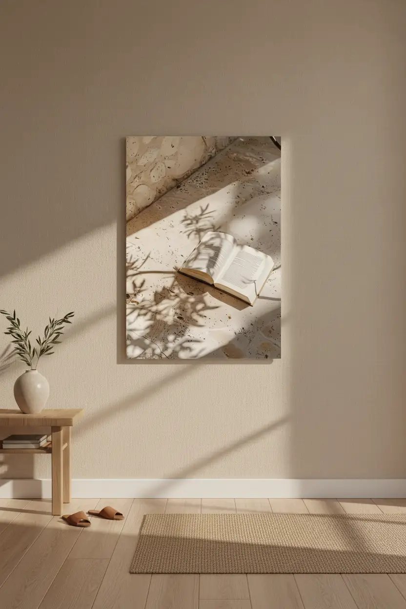 L'Ombre du Livre — Affiche murale minimaliste beige travertin, affiche murale minimaliste avec cadre bois, décoration murale salon ou chambre, style méditerranéen