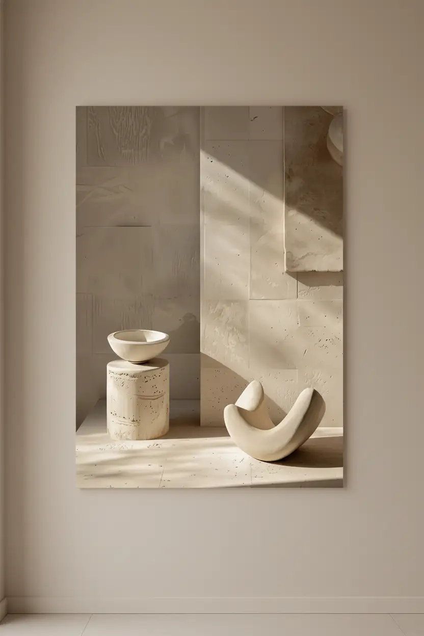 L'Offrande de Pierre — Affiche murale minimaliste sable minéral, affiche murale minimaliste avec cadre bois, décoration murale salon ou chambre, style méditerranéen