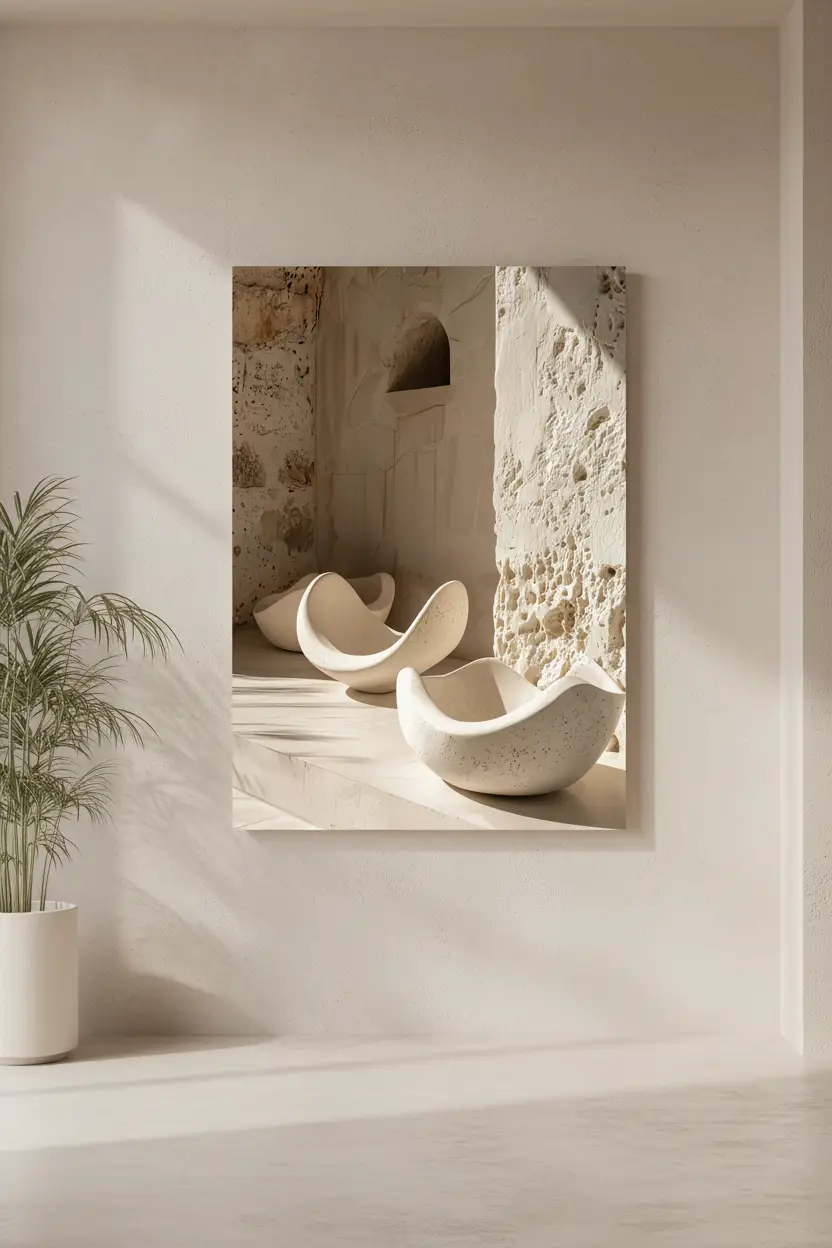 Les Coques de Pierre — Affiche murale minimaliste sable minéral, affiche murale minimaliste avec cadre bois, décoration murale salon ou chambre, style méditerranéen