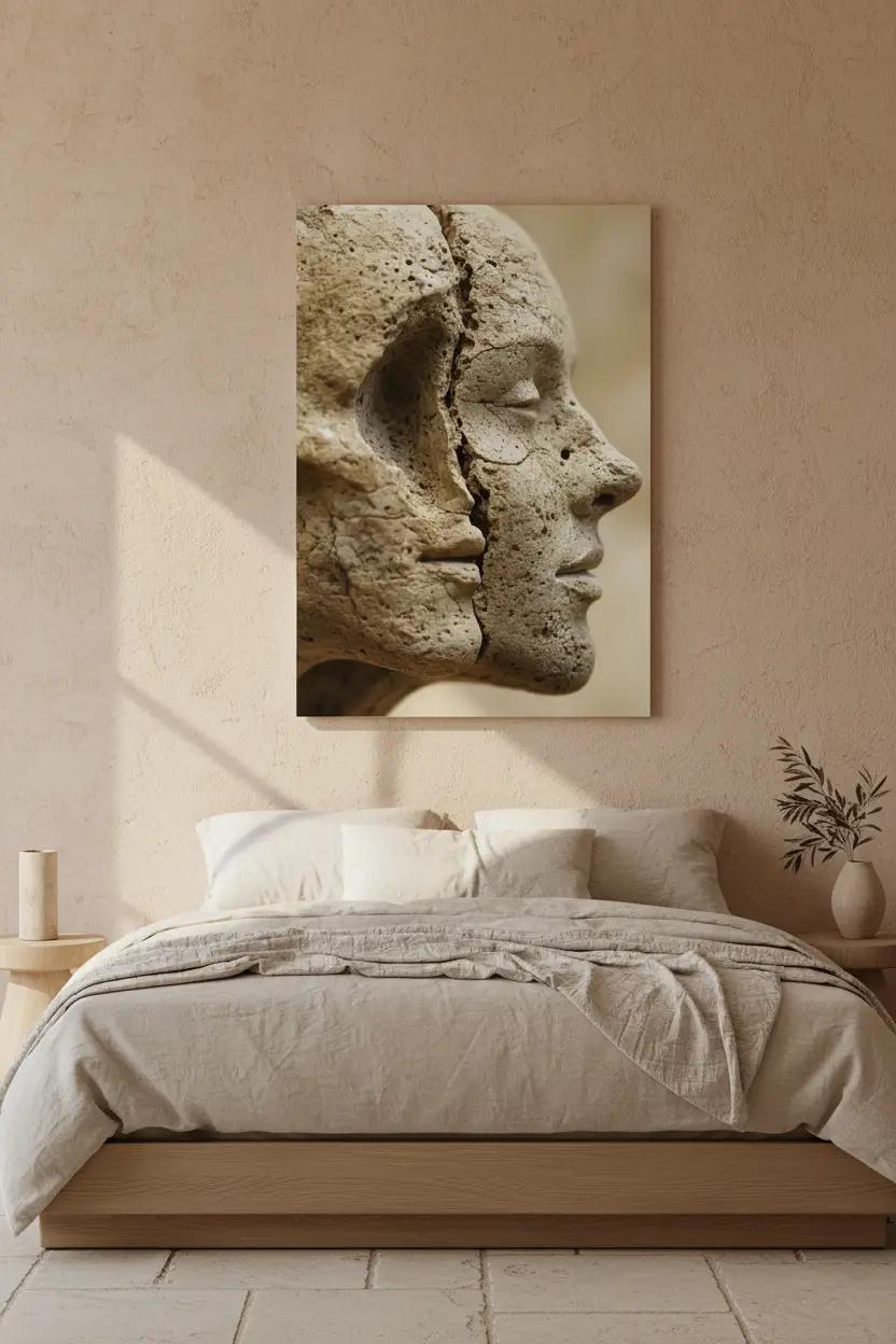 Fracture — Affiche murale minimaliste beige sable visages pierre calcaire — affiche murale minimaliste | Cassili-home