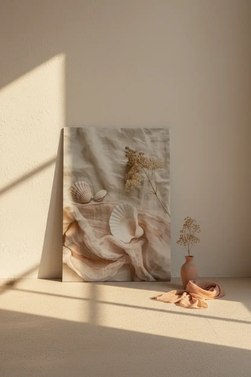 L’Écume — Affiche murale minimaliste coquillages ivoire voile pêche lin blanc fleur séchée nature mer — affiche murale minimaliste | Cassili-home