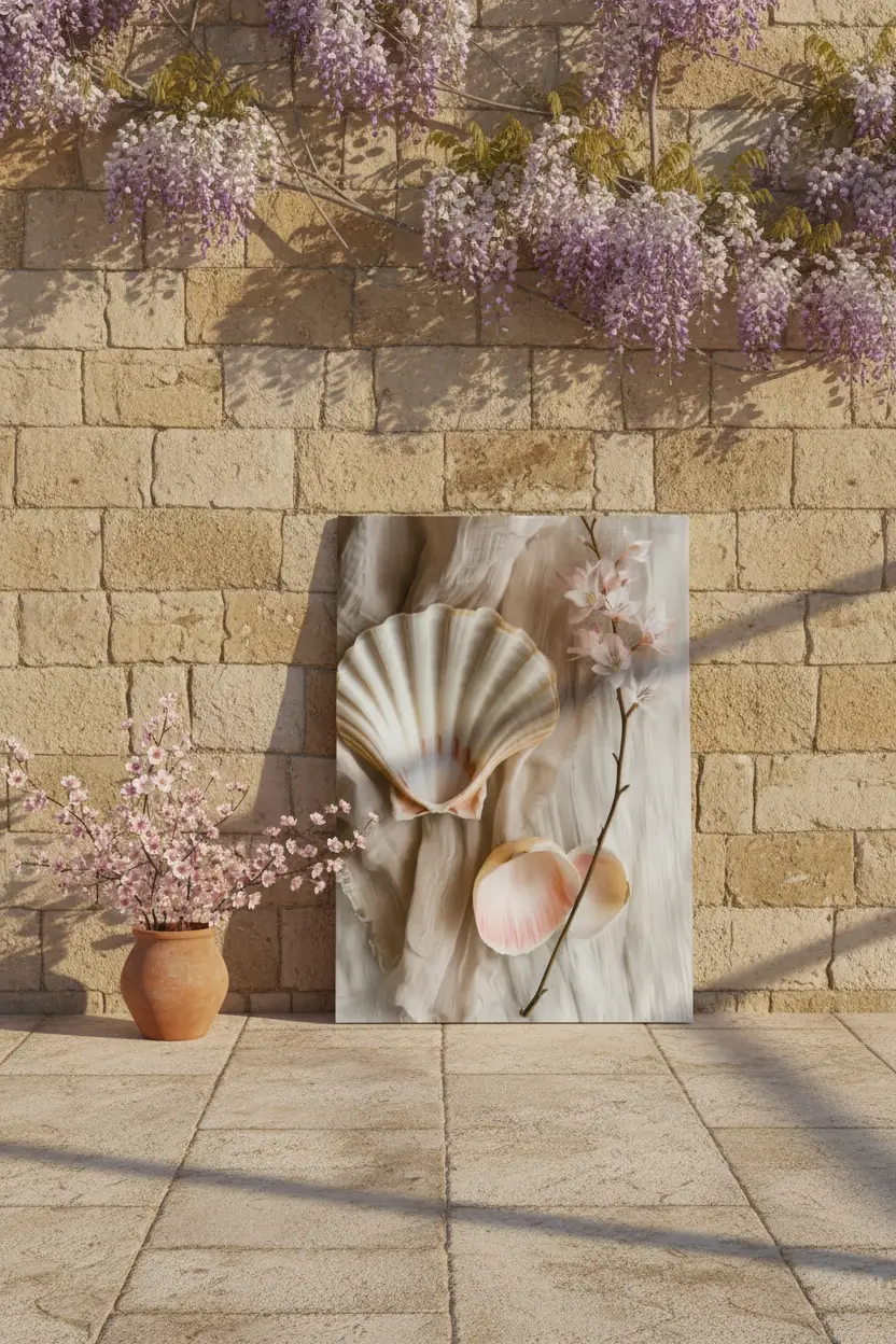 La Perle du Matin — Affiche murale minimaliste coquille Saint-Jacques ivoire fleurs cerisier rose pêche lin blanc — affiche murale minimaliste | Cassili-home