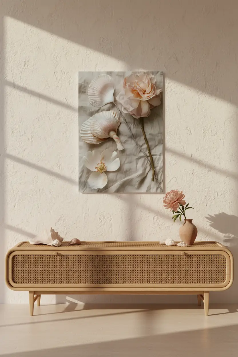 La Récolte — Affiche murale minimaliste coquillages rose pêche fleur blanche lin beige nature mer — affiche murale minimaliste | Cassili-home