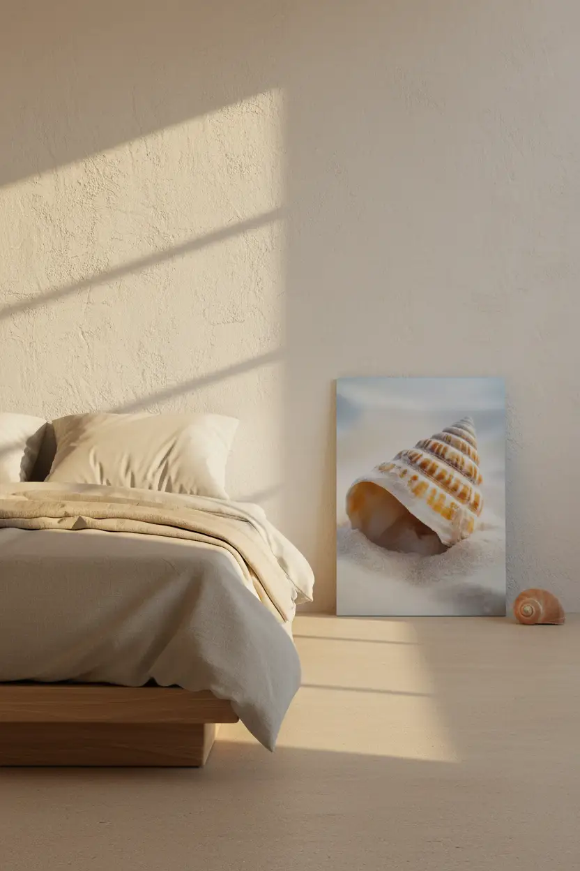 La Spirale du Large — Affiche murale minimaliste coquille conique ivoire ambre sable blanc vague nature mer — affiche murale minimaliste | Cassili-home