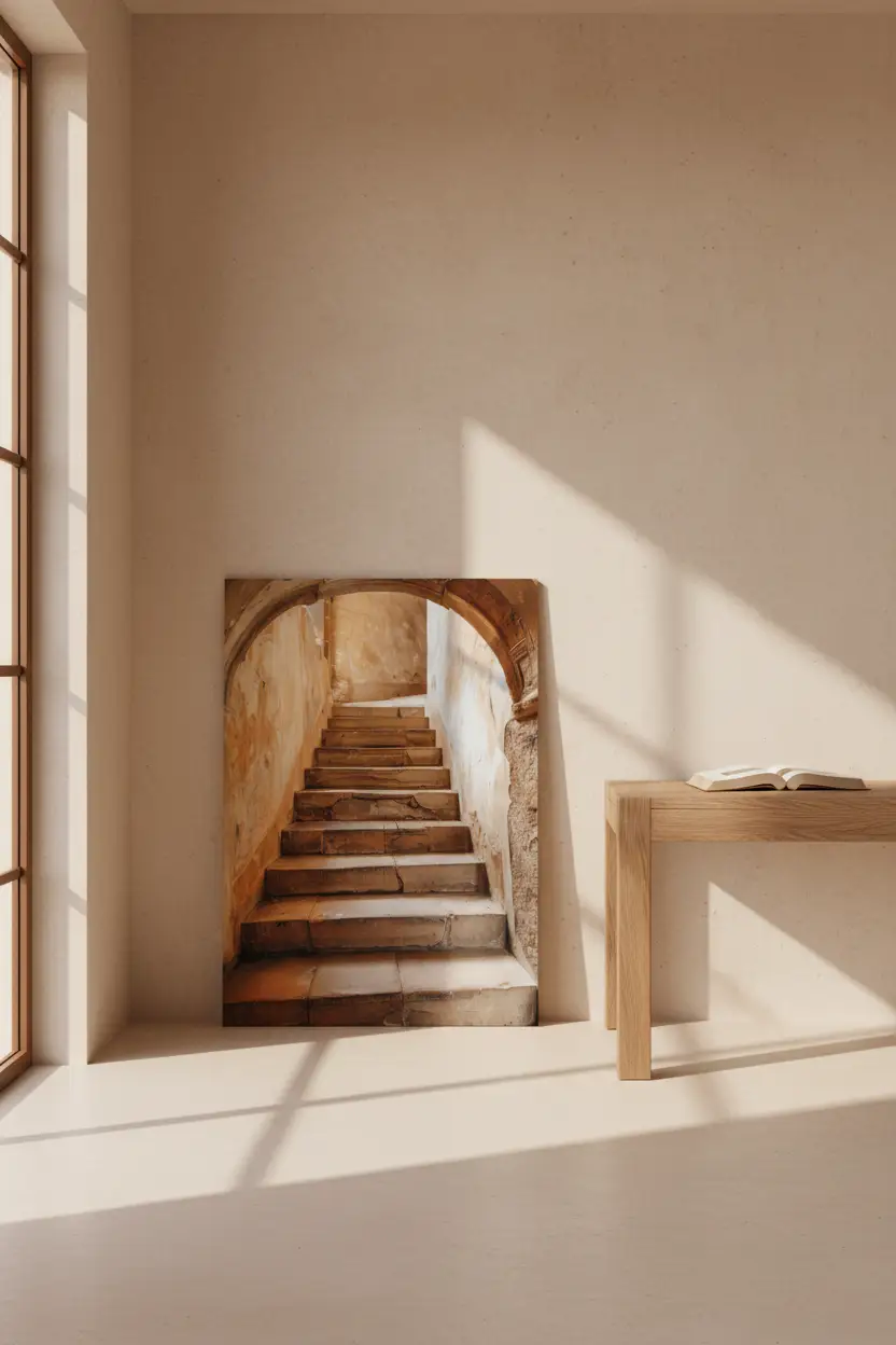L’Arche Ancienne — Affiche murale minimaliste beige terracotta escalier arche pierre médiéval — affiche murale minimaliste | Cassili-home