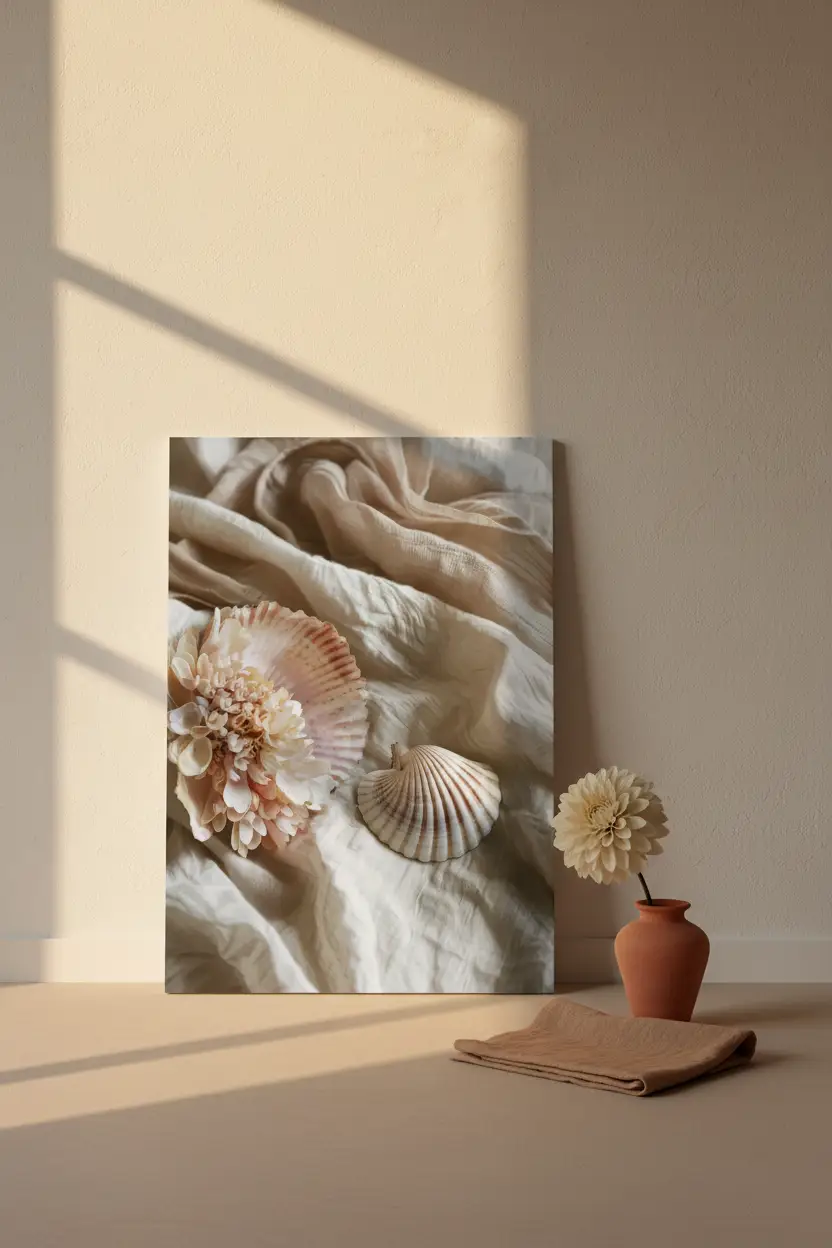 Le Nid de Nacre — Affiche murale minimaliste coquille rose pêche dahlia ivoire lin beige sable nature mer — affiche murale minimaliste | Cassili-home