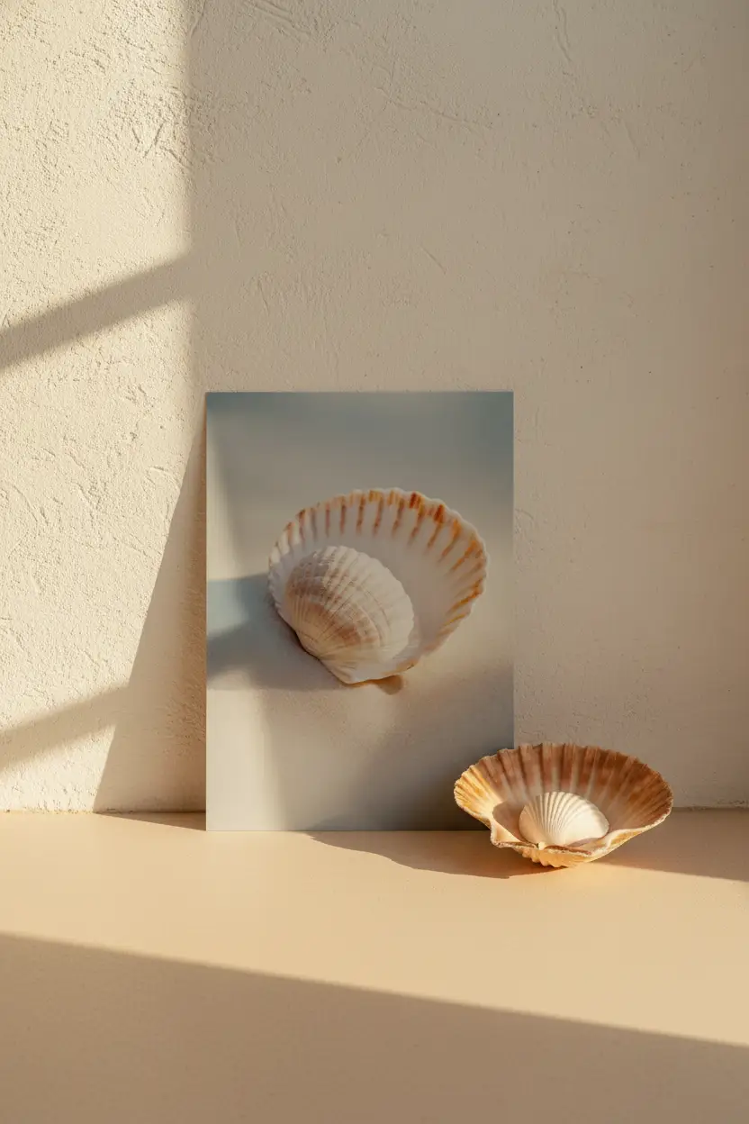 Le Secret de Nacre — Affiche murale minimaliste coquille Saint-Jacques ivoire pêche petite coquille sable blanc nature mer — affiche murale minimaliste | Cassili-home
