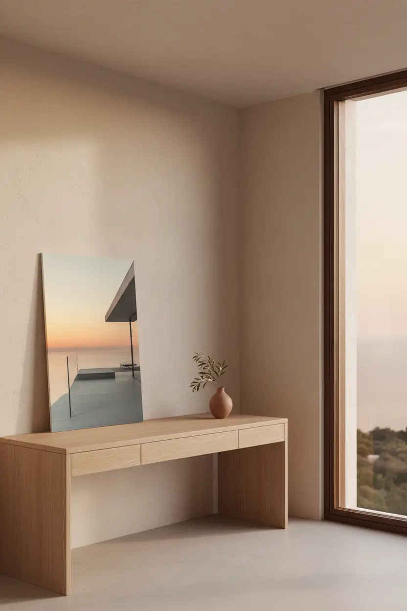 L’Heure Dorée — Affiche murale minimaliste pêche rosé béton mer coucher de soleil architecture — affiche murale minimaliste | Cassili-home
