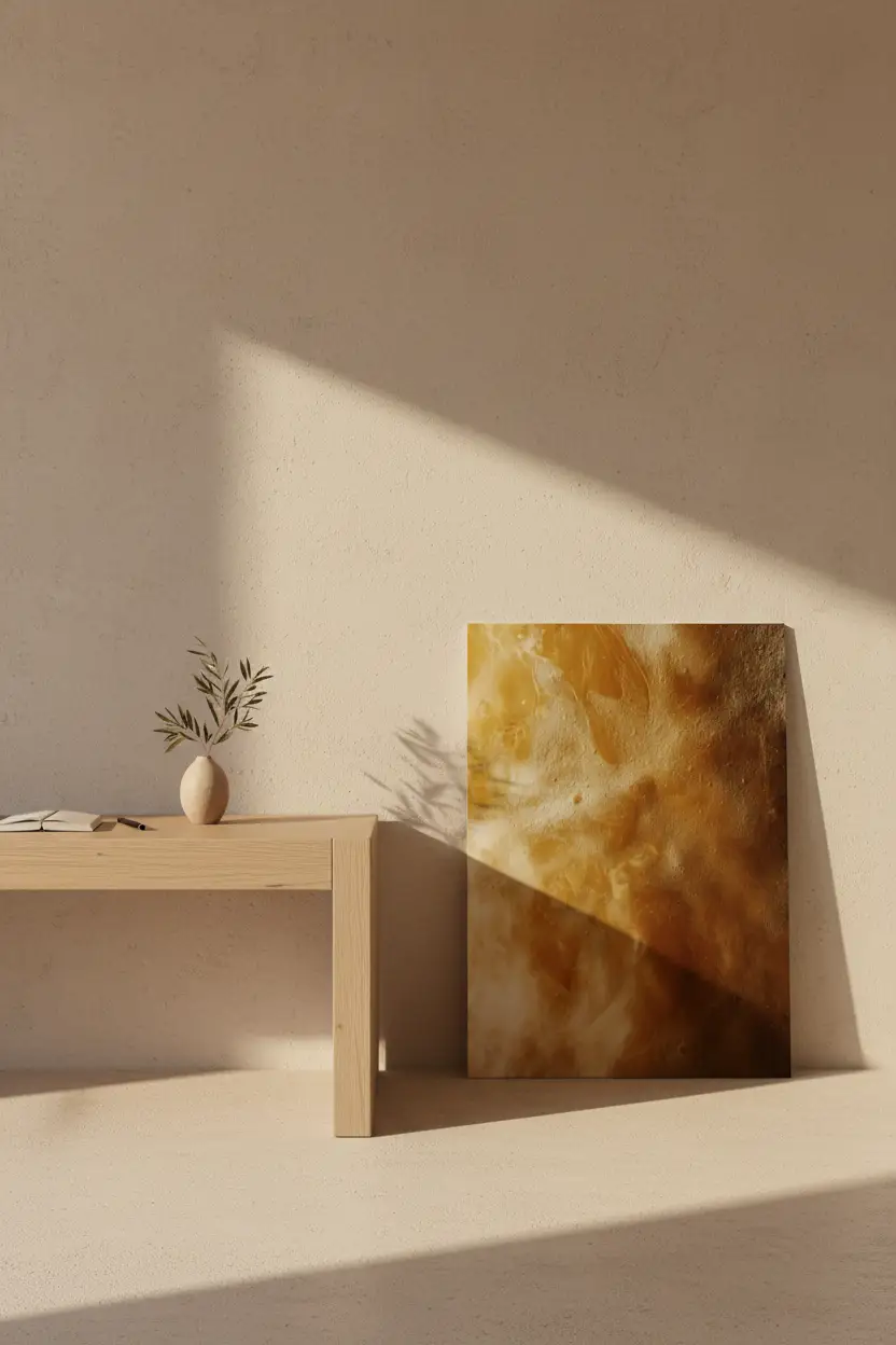 De Gouden Onyx — Minimalistische amber en ivoor mineraal wandposter