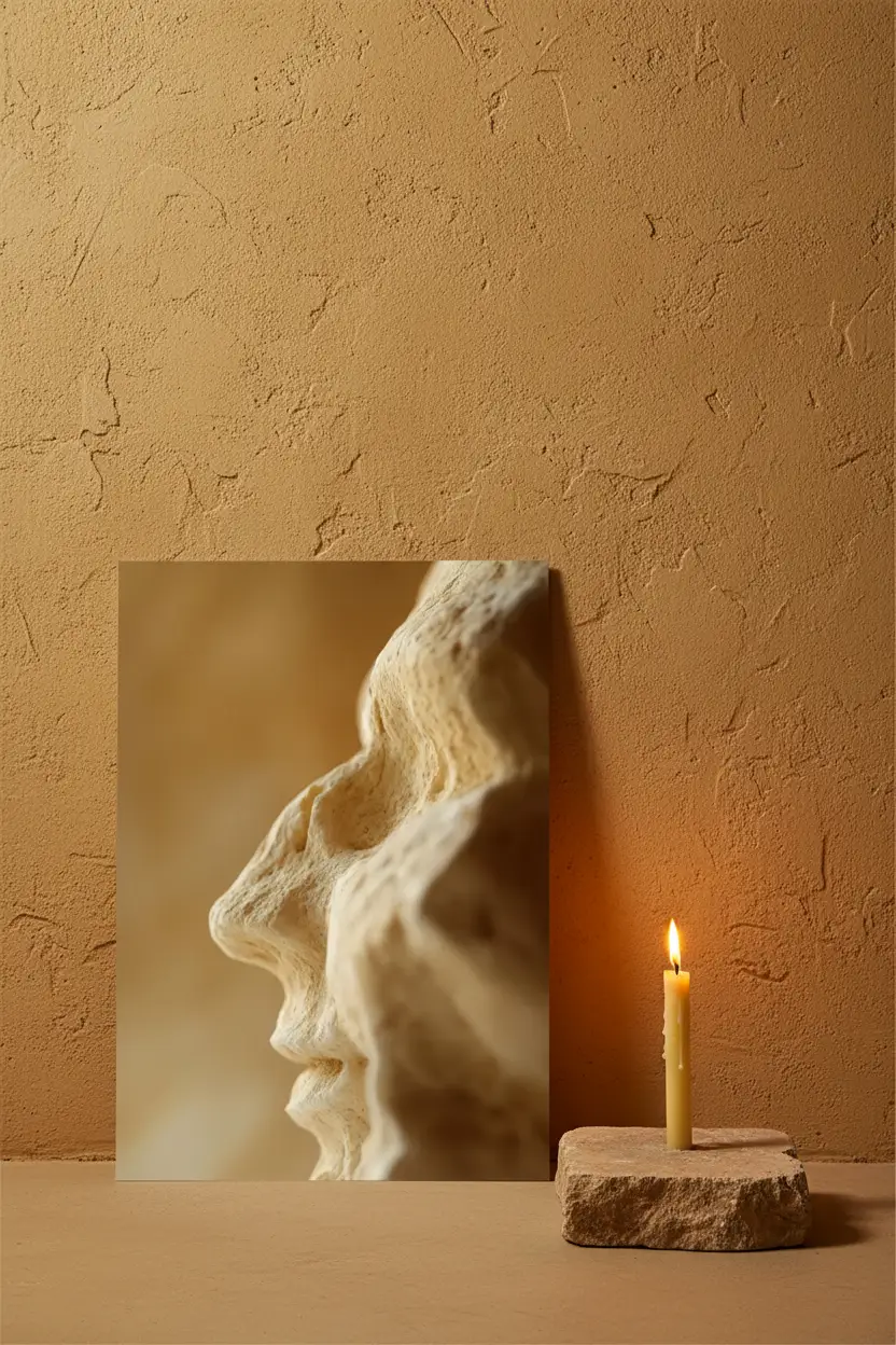 Reliquia — Póster mural minimalista ocre dorado rostro  