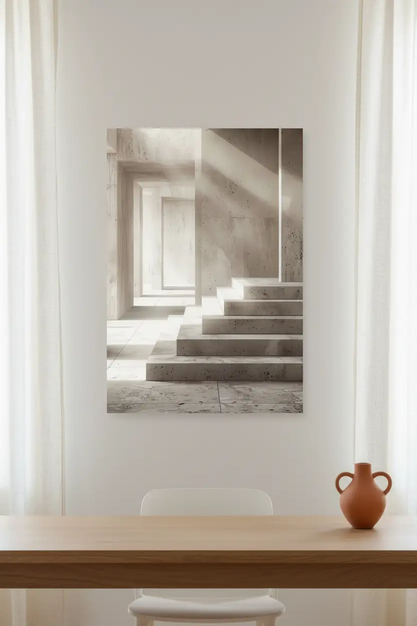 Le Couloir des Niches — Affiche murale minimaliste travertin perspective architecture lumière, affiche murale minimaliste avec cadre bois, décoration murale salon ou chambre, style méditerranéen