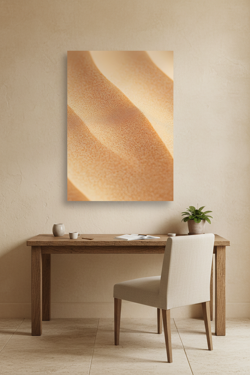The Dune’s Side poster in a Mediterranean entryway — gold and sand dune curves