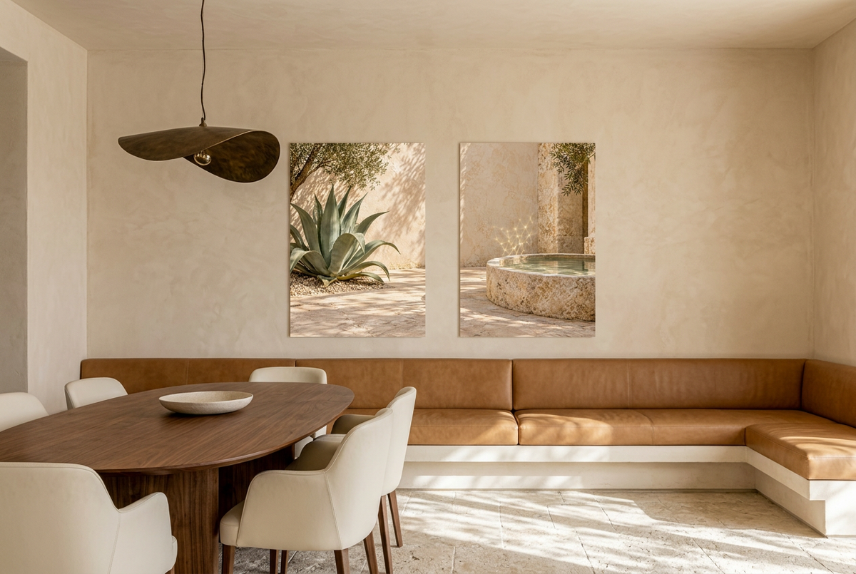 The Shaded Patio — unframed wall diptych in a dining room