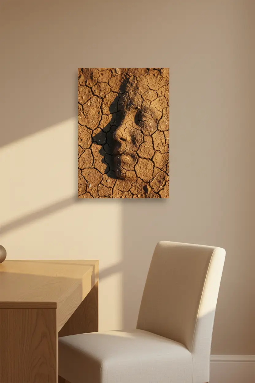 Le Profil de Terre — Affiche murale minimaliste brun ocre visage abstrait, affiche murale minimaliste avec cadre bois, décoration murale salon ou chambre, style méditerranéen