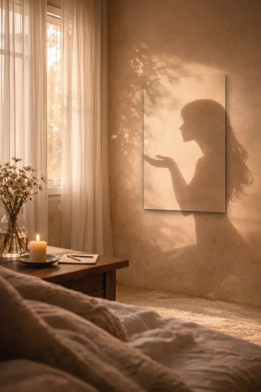 L’Envol — Affiche murale minimaliste silhouette féminine lumière dorée, affiche murale minimaliste avec cadre bois, décoration murale salon ou chambre, style méditerranéen