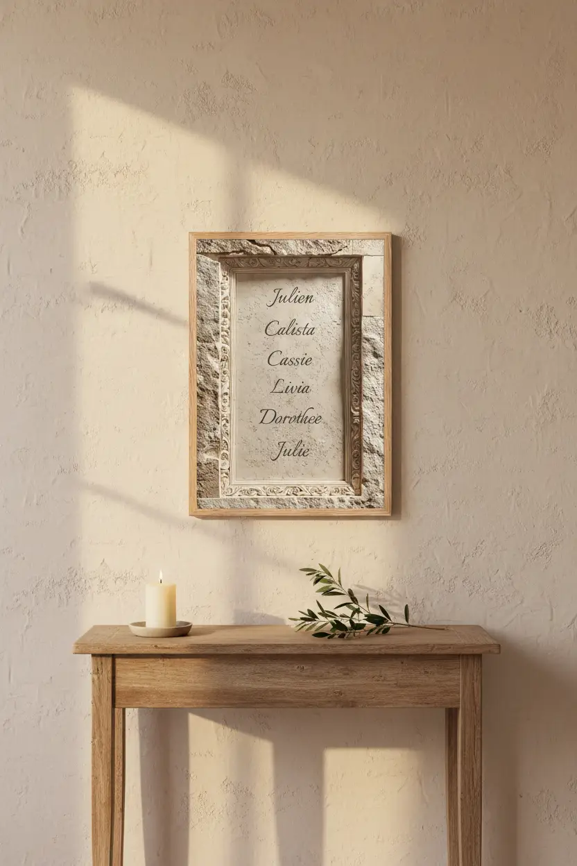 Les Prénoms Gravés — Affiche murale personnalisable pierre méditerranéenne, affiche murale minimaliste avec cadre bois, décoration murale salon ou chambre, style méditerranéen