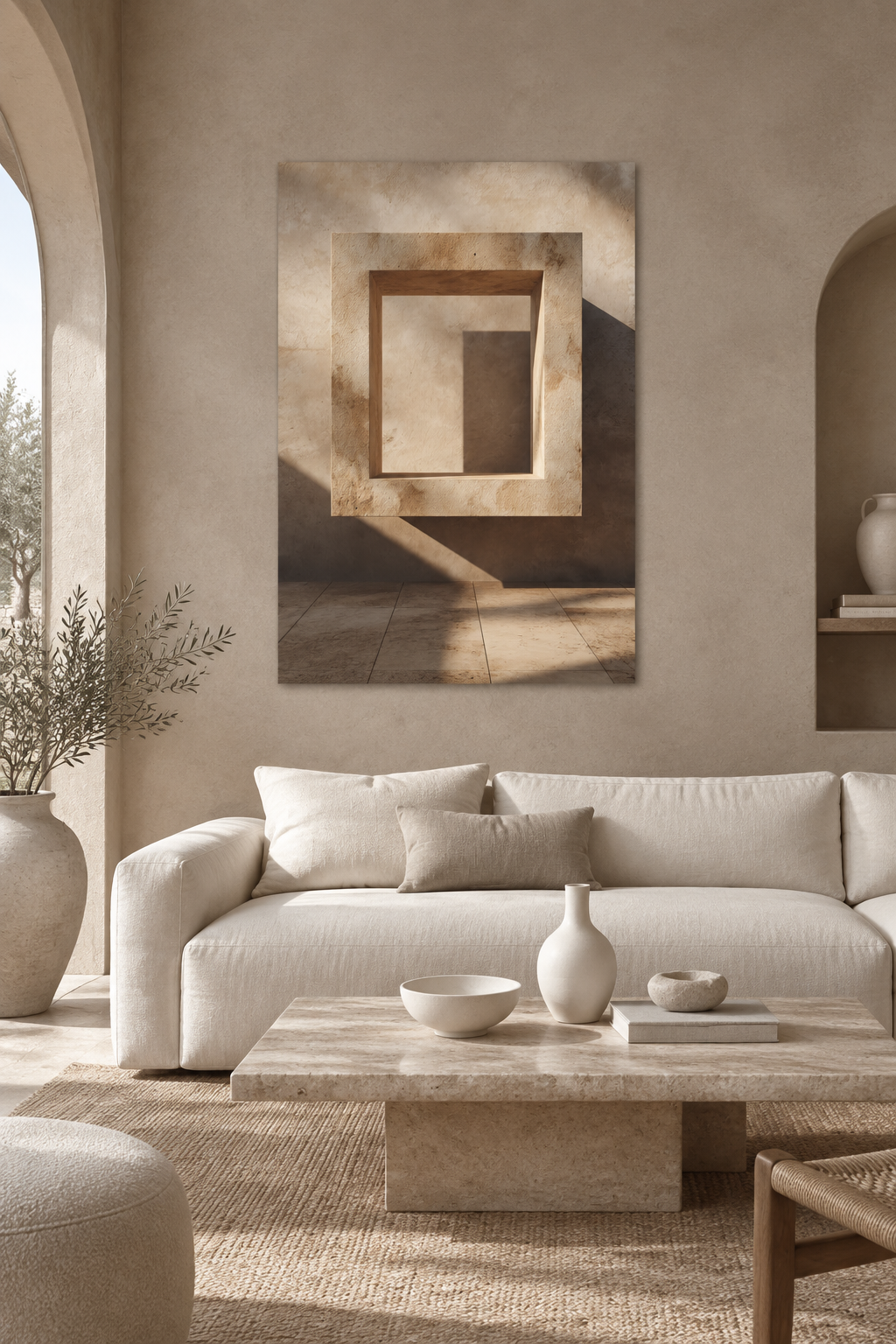 Poster The Square Doorframe — square stone frame and its cast shadow, hung in a living room with ochre walls