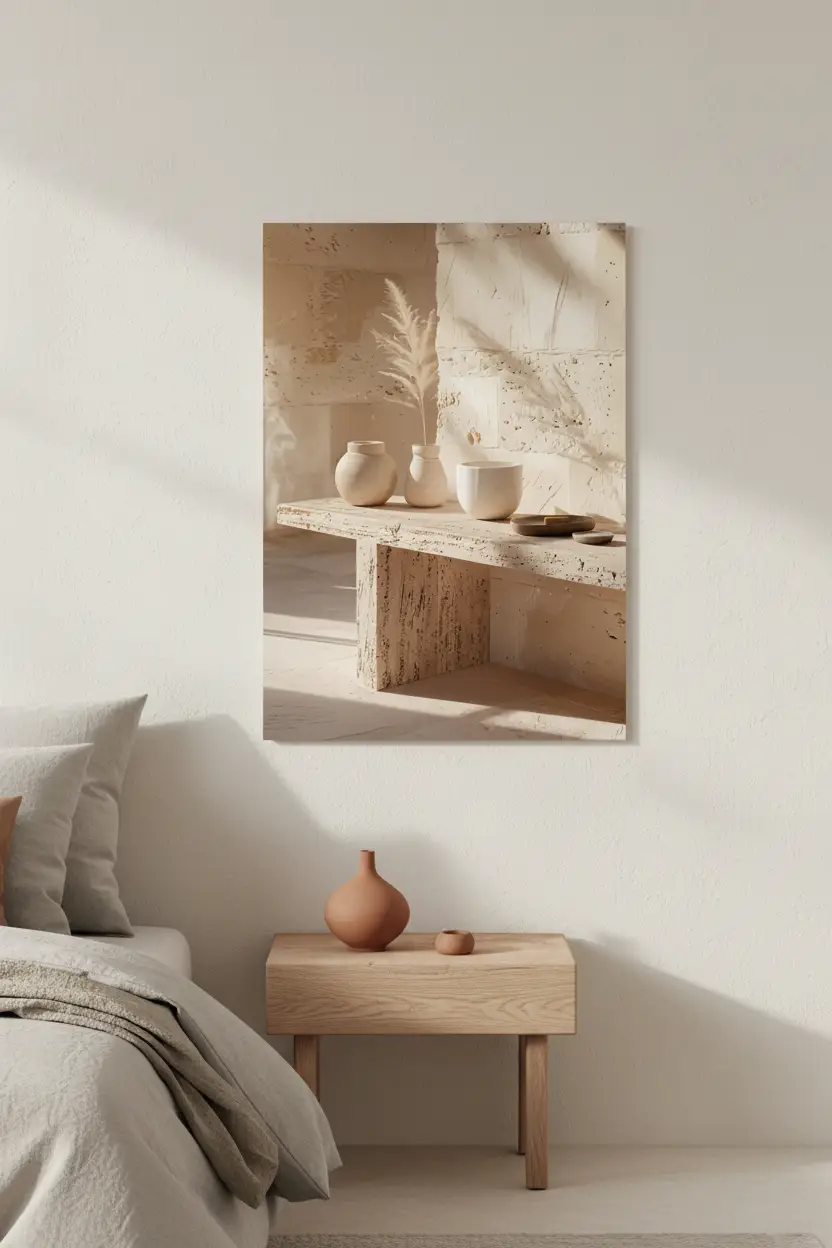 La Table de Travertin — Affiche murale minimaliste table sculpturale travertin pampa céramiques minéral, affiche murale minimaliste avec cadre bois, décoration murale salon ou chambre, style méditerranéen
