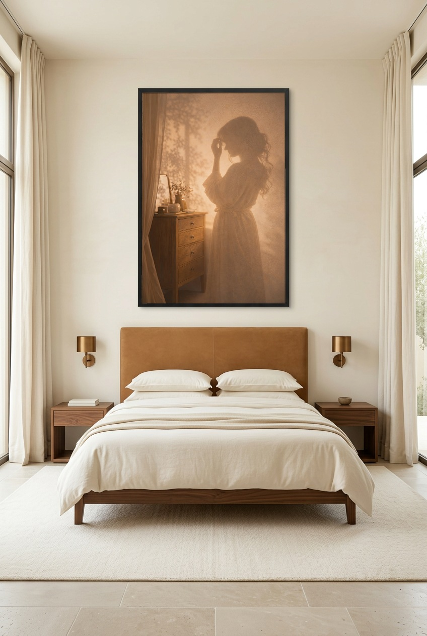 Le Rituel du Soir — poster con cornice nera in una camera da letto