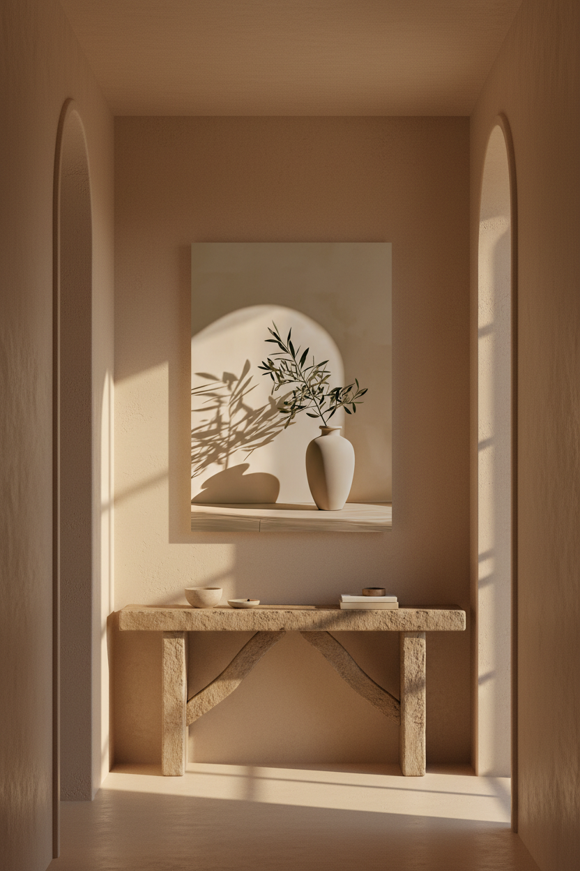 Affiche Le Rameau devant l'Arche encadrée chêne dans une salle à manger méditerranéenne — vase d'argile ivoire et rameaux d'olivier devant une arche pâle