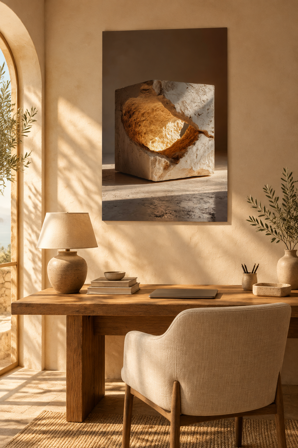 Poster De Gouden Ader — opengebroken steen met een gouden kern, boven een houten bureau met keramieken lamp