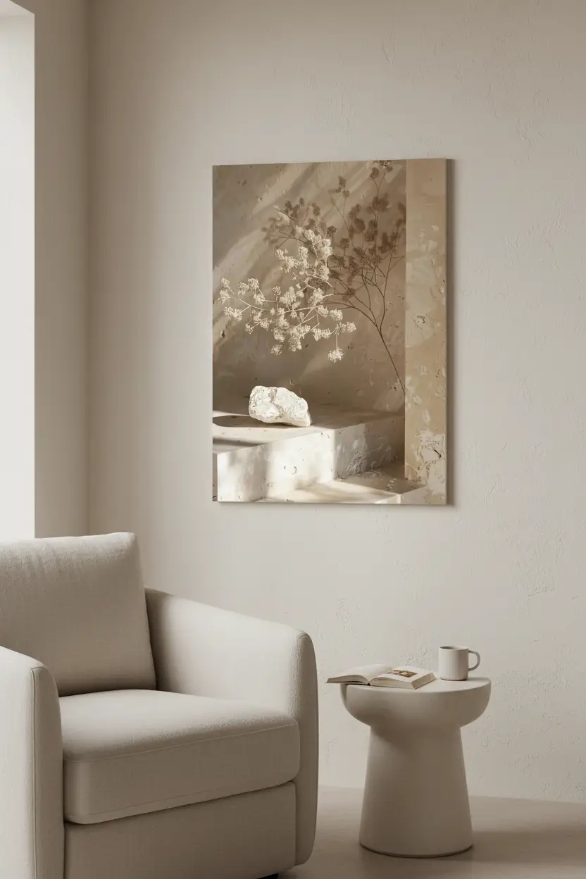 La Branche et la Pierre — Affiche murale minimaliste béton sable branche séchée pierre brute, affiche murale minimaliste avec cadre bois, décoration murale salon ou chambre, style méditerranéen