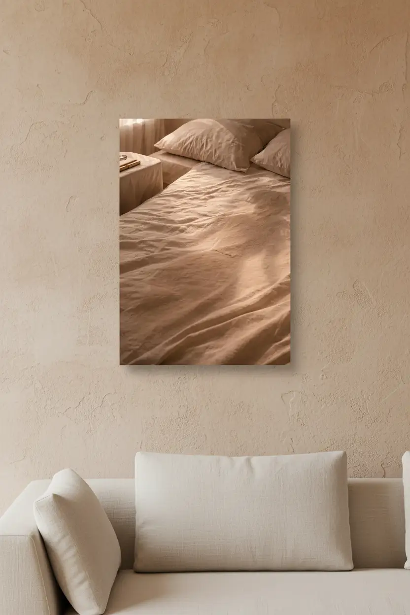 Le Lin du Matin — Affiche murale minimaliste linge beige lumière dorée, affiche murale minimaliste avec cadre bois, décoration murale salon ou chambre, style méditerranéen