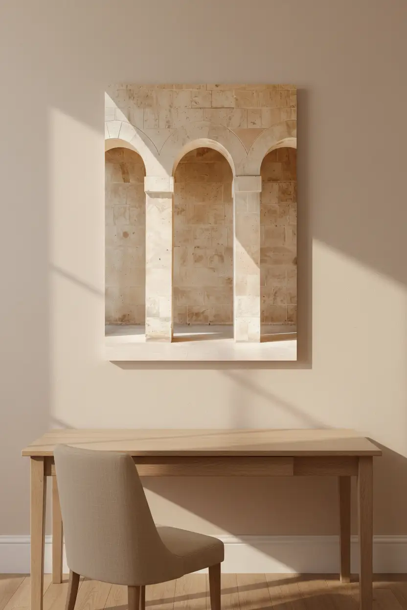 Les Trois Arches — Affiche murale minimaliste arches romanes pierre calcaire beige, affiche murale minimaliste avec cadre bois, décoration murale salon ou chambre, style méditerranéen