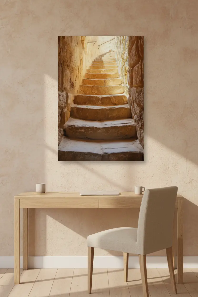 Vers la Lumière — Affiche murale minimaliste escalier pierre ocre doré — affiche murale minimaliste | Cassili-home