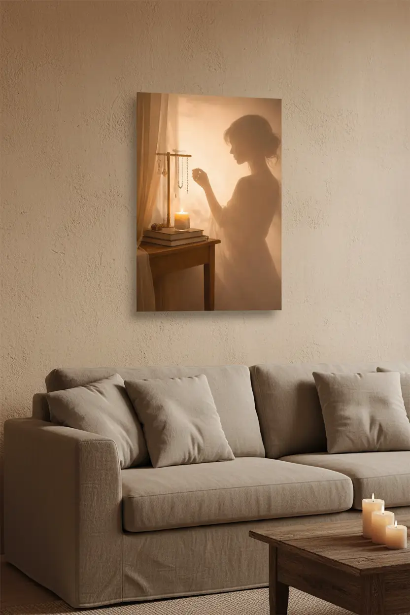 La Parure — Affiche murale minimaliste silhouette féminine lumière dorée, affiche murale minimaliste avec cadre bois, décoration murale salon ou chambre, style méditerranéen