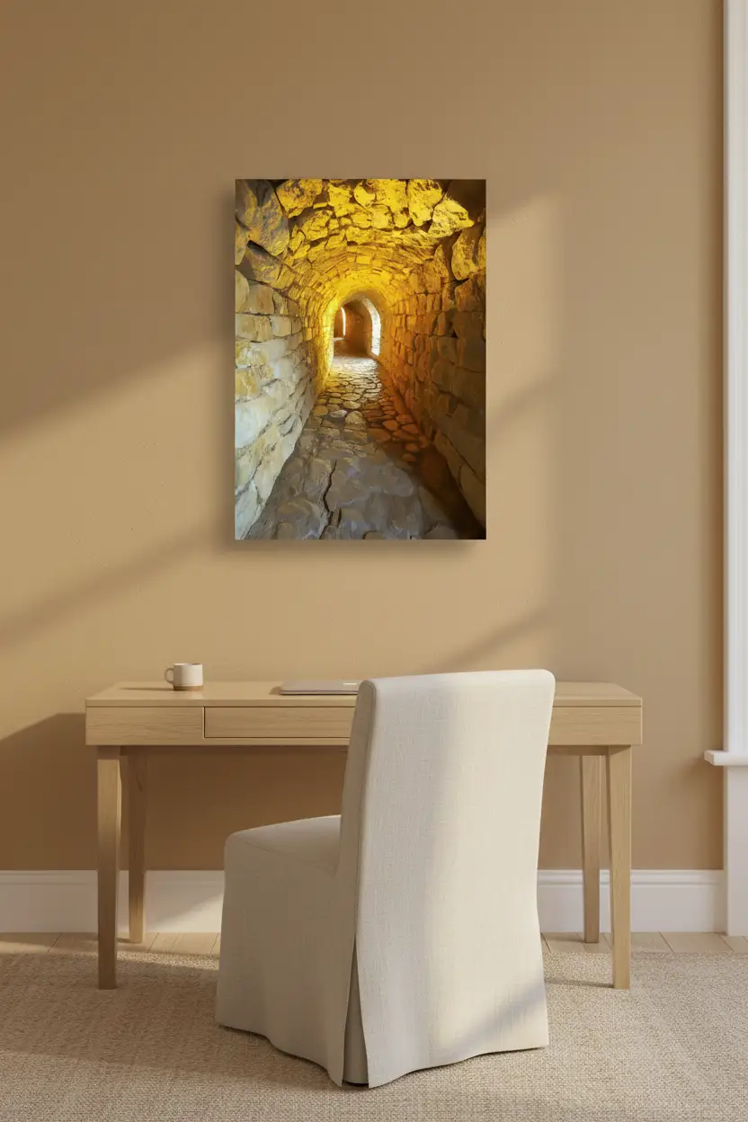Der Goldene Gang – Minimalistisches Wandbild, ockerfarbenes Gold, gewölbter Korridor