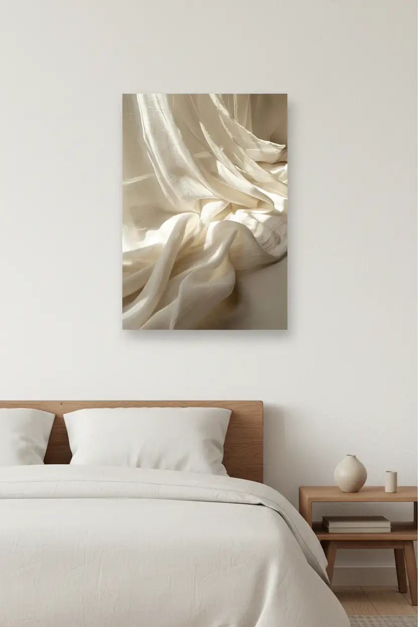 Le Lin Draпé — Affiche murale minimaliste macro tissu lin ivoire drapé vagues fluides texture abstrait, affiche murale minimaliste avec cadre bois, décoration murale salon ou chambre, style méditerranéen