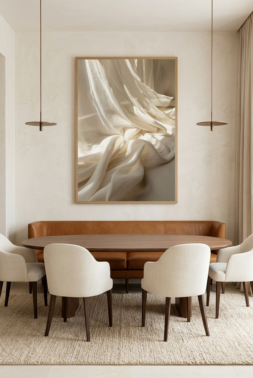 Le Lin Drapé — poster con cornice in rovere in una sala da pranzo