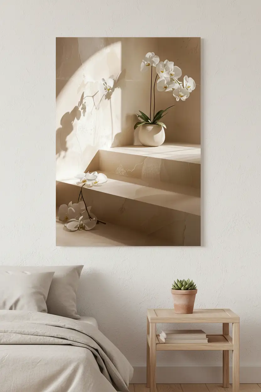 L’Escalier aux Orchidées — Affiche murale minimaliste travertin orchidée blanche architecture, affiche murale minimaliste avec cadre bois, décoration murale salon ou chambre, style méditerranéen