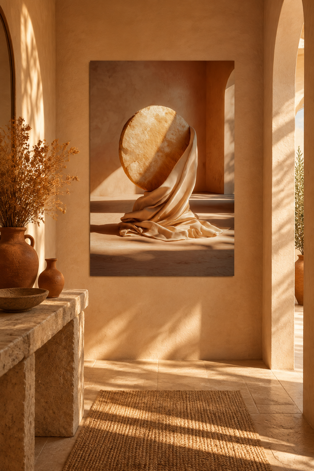 Poster The Wrapped Sphere — veined stone sphere resting on drapery, in an entryway, above a stone console