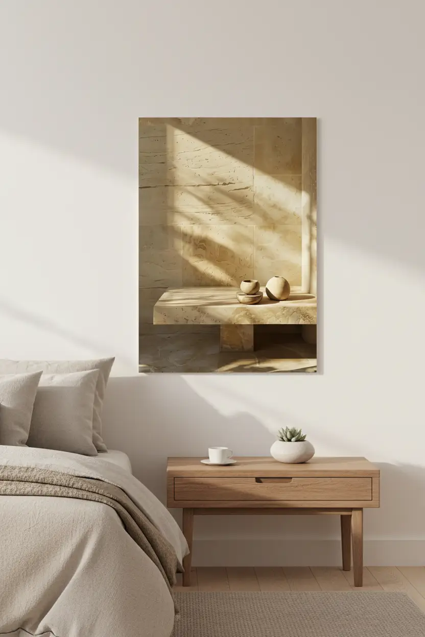 Le Banc de Pierre — Affiche murale minimaliste banc travertin céramiques sable lumière minéral, affiche murale minimaliste avec cadre bois, décoration murale salon ou chambre, style méditerranéen