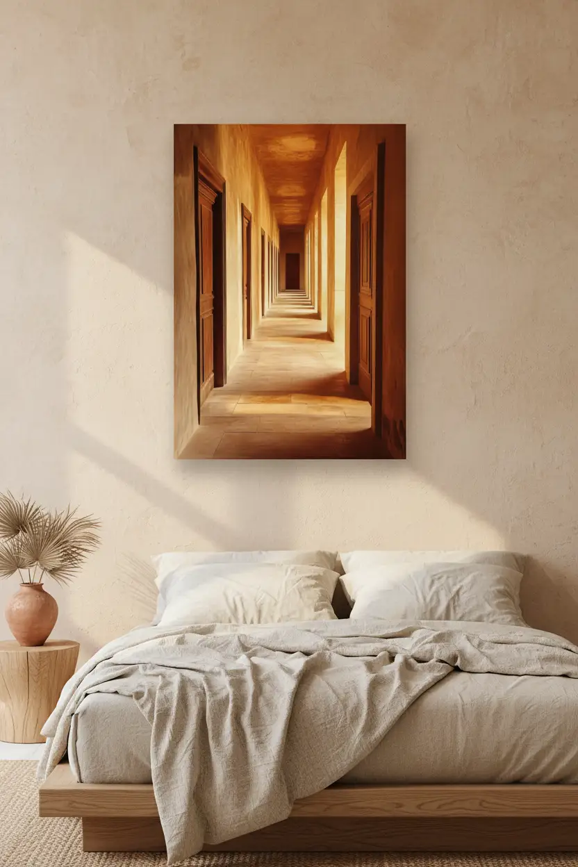 Le Couloir — Affiche murale minimaliste terracotta sable portes bois perspective — affiche murale minimaliste | Cassili-home