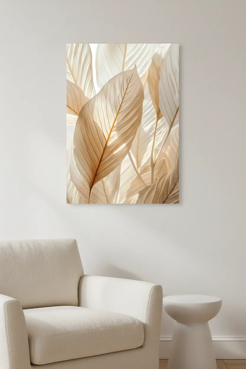 Le Velours Végétal — Affiche murale minimaliste sable ivoire feuilles nervures dorées, affiche murale minimaliste avec cadre bois, décoration murale salon ou chambre, style méditerranéen