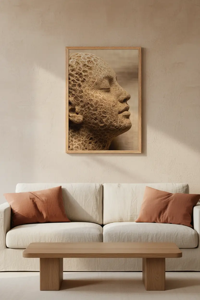 Peau de Corail — Affiche murale minimaliste corail et beige visage abstrait texture minérale — affiche murale minimaliste | Cassili-home