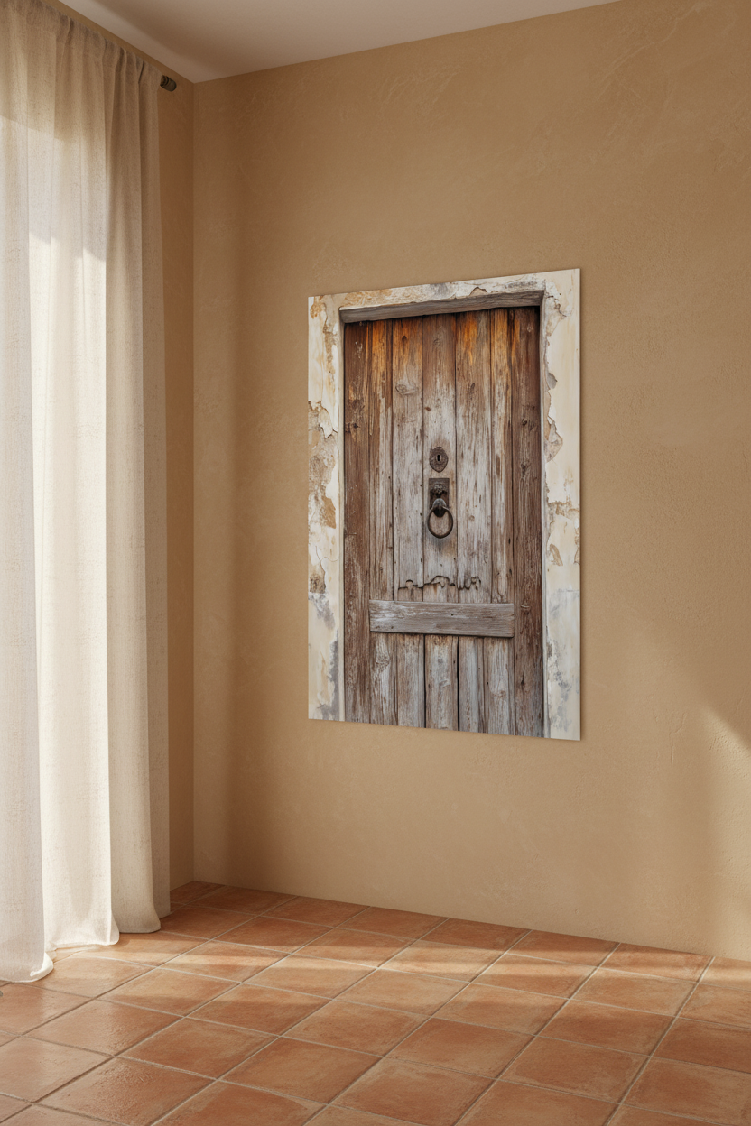 The Door of Time poster in a Mediterranean entryway — weathered wood door and wrought iron knocker