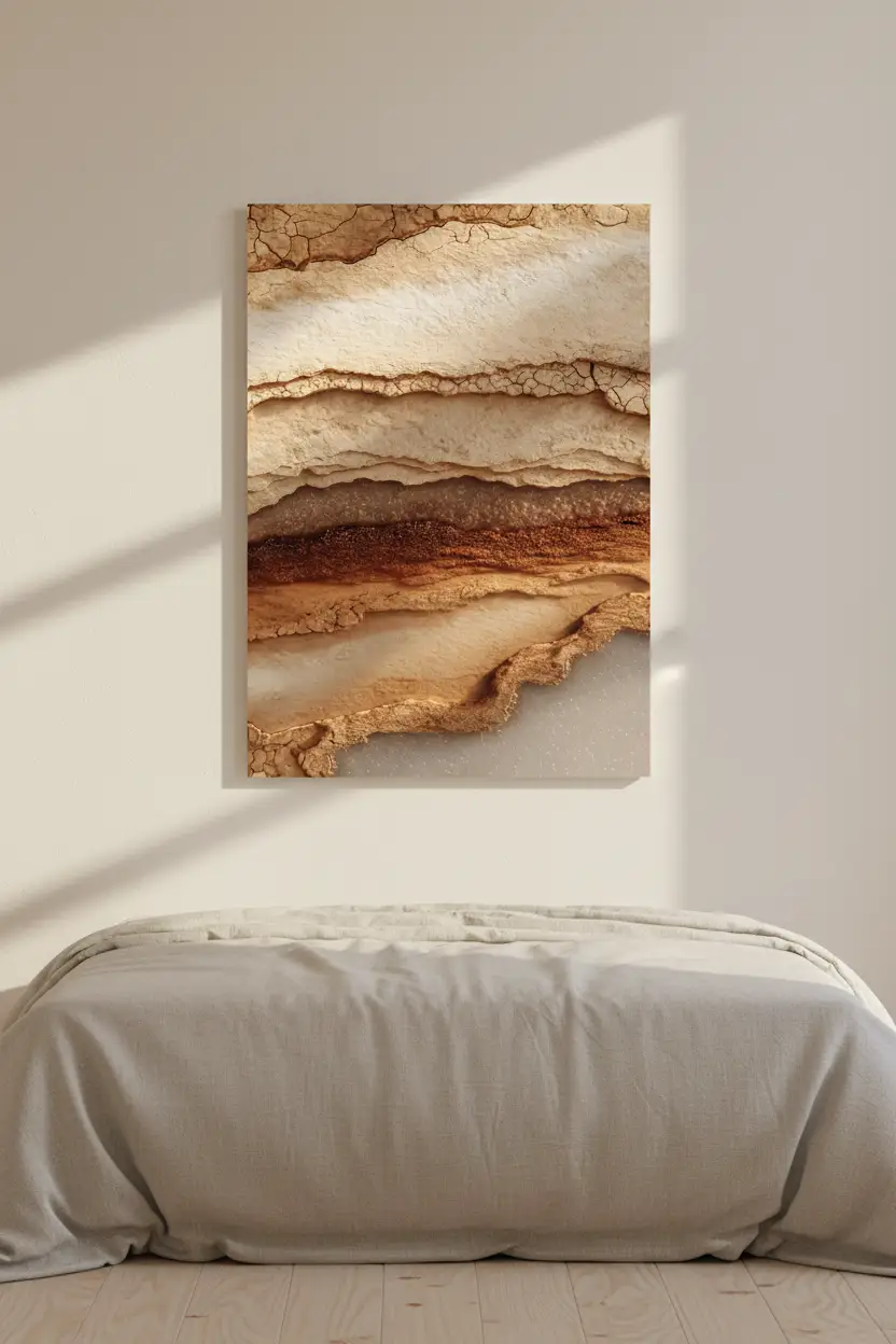 Les Strates de l’Ocre — Affiche murale minimaliste macro strates sédimentaires grès ocre brun lumière rasante minéral, affiche murale minimaliste avec cadre bois, décoration murale salon ou chambre, style méditerranéen