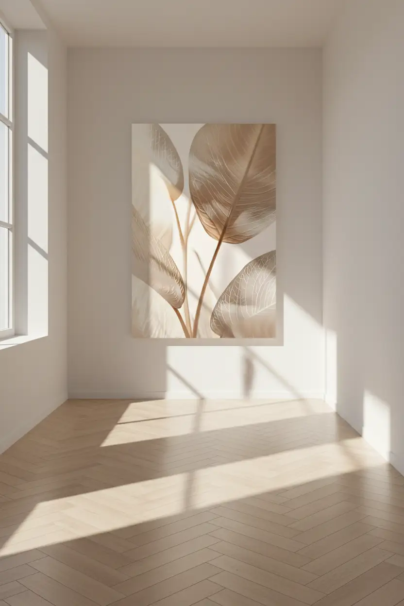 Les Feuilles d’Ivoire — Affiche murale minimaliste sable champagne végétal translucide, affiche murale minimaliste avec cadre bois, décoration murale salon ou chambre, style méditerranéen